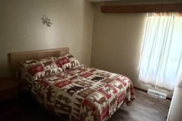 Room with single bed and patterned quilt, curtain on window.