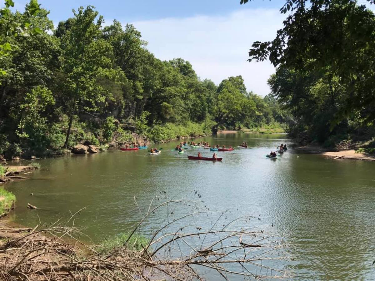 a small boat in a body of water surrounded by trees