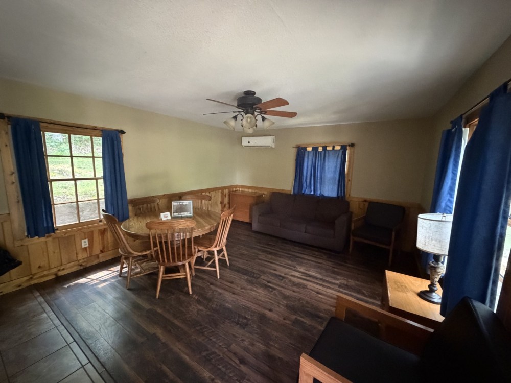 Living room with sofa, dining table, wooden floors, and blue curtains.