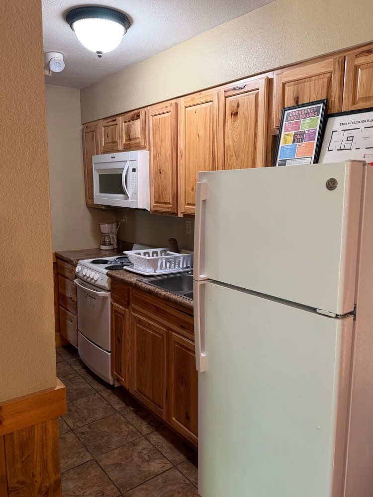 Small kitchen with wood cabinets, stove, microwave, fridge, and dish rack.