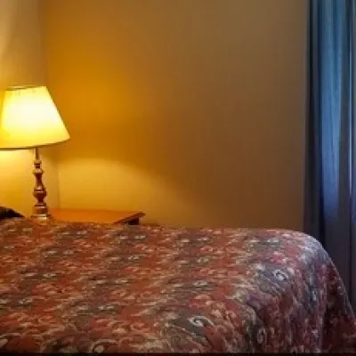 a bedroom with a large bed in a hotel room